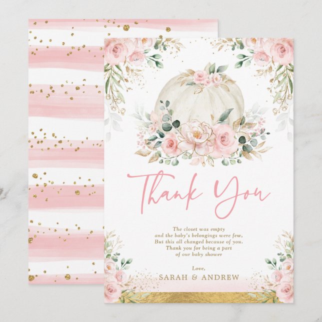 Pumpkin Blush Pink Gold Floral Fall Baby Dusche Dankeskarte (Vorne/Hinten)