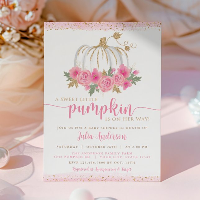Pumpkin Blush Pink Gold Floral Fall Babydusche in Einladung (Von Creator hochgeladen)