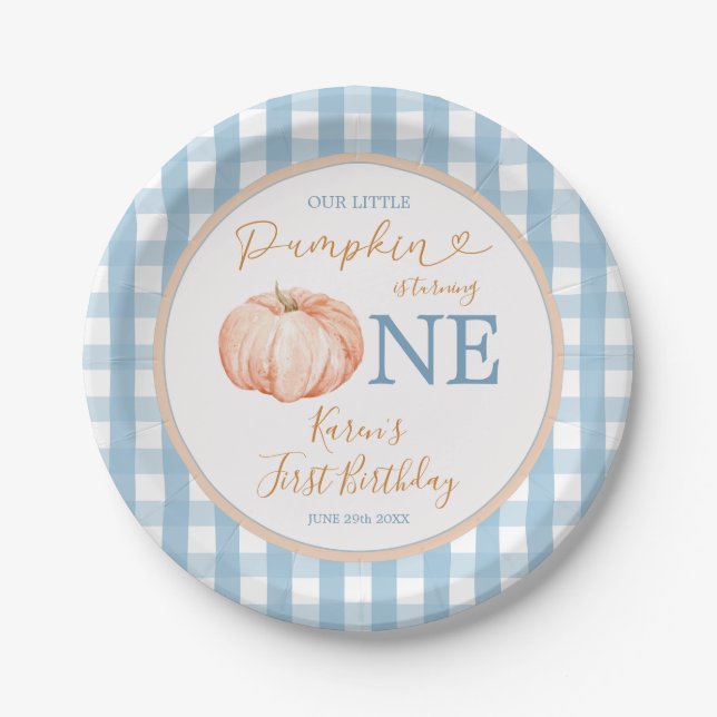 Pumpkin Boho Blue Gingham 1. Geburtstag Pappteller (Vorderseite)