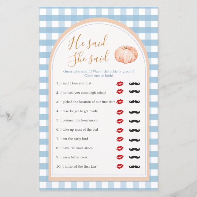 Pumpkin Boho Blue Gingham Er sagte, sie sagte, Spi (Vorderseite)