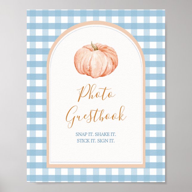 Pumpkin Boho Blue Gingham Foto Guestbook Sign Poster (Vorne)