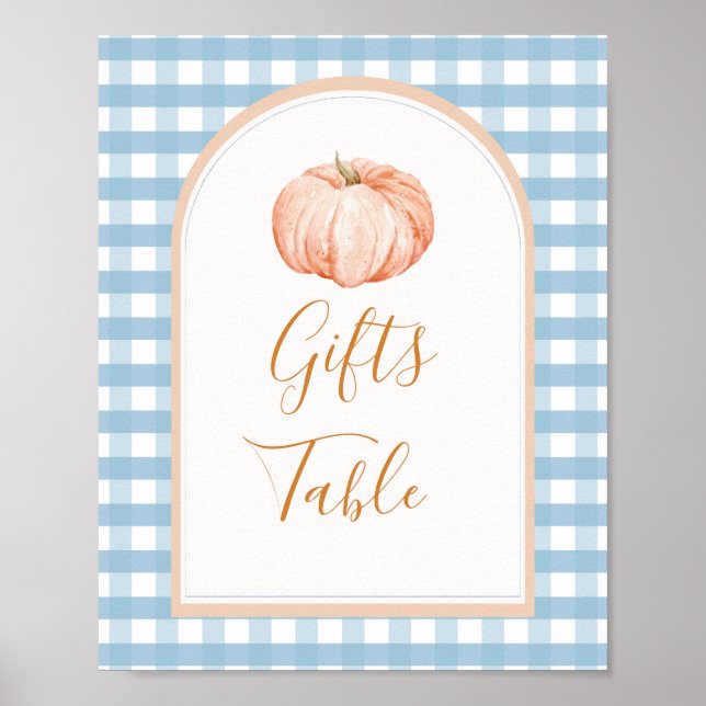 Pumpkin Boho Blue Gingham gibt Tafelzeichen Poster (Vorne)
