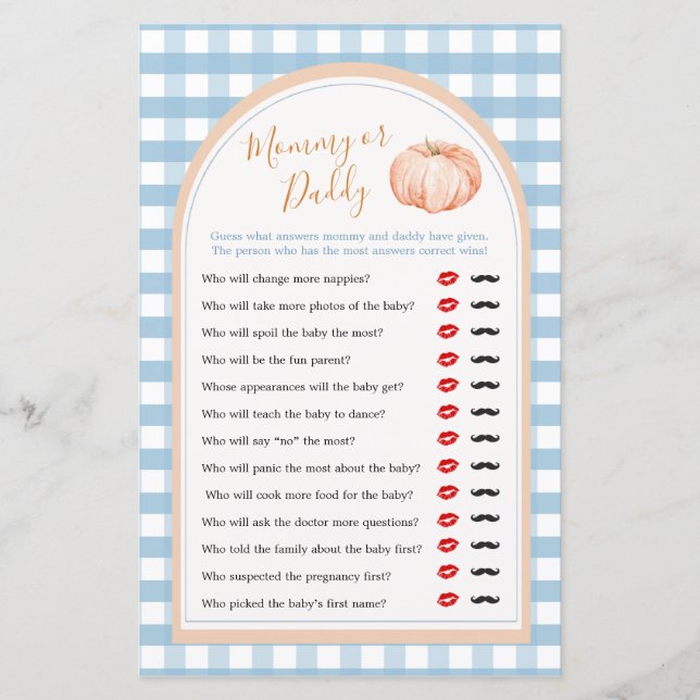Pumpkin Boho Blue Gingham Mommy oder Daddy Game (Vorderseite)