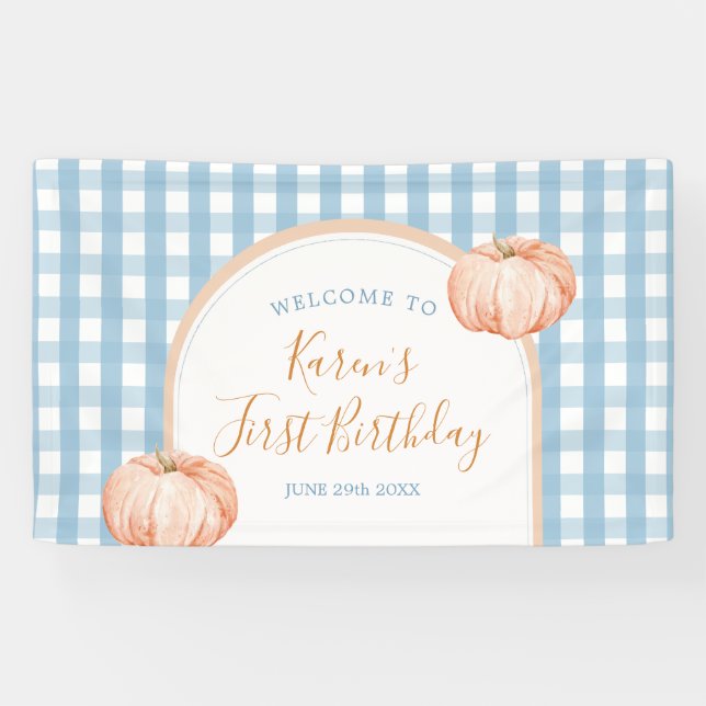 Pumpkin Boho Blue Gingham Willkommen Groß Banner (Horizontal)