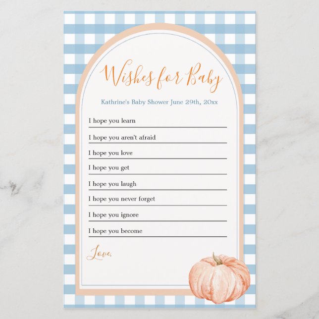 Pumpkin Boho Blue Gingham wünscht sich Baby (Vorderseite)