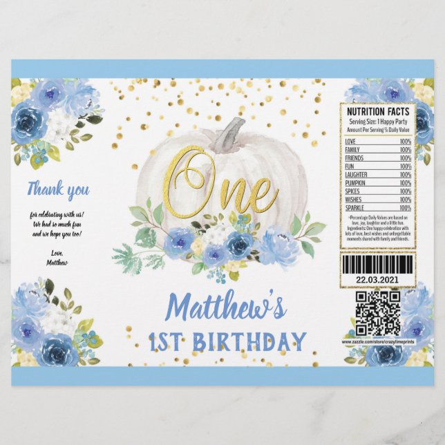 Pumpkin Boy 1st Birthday Blue Chip Bag Wrapper Flyer (Vorne)