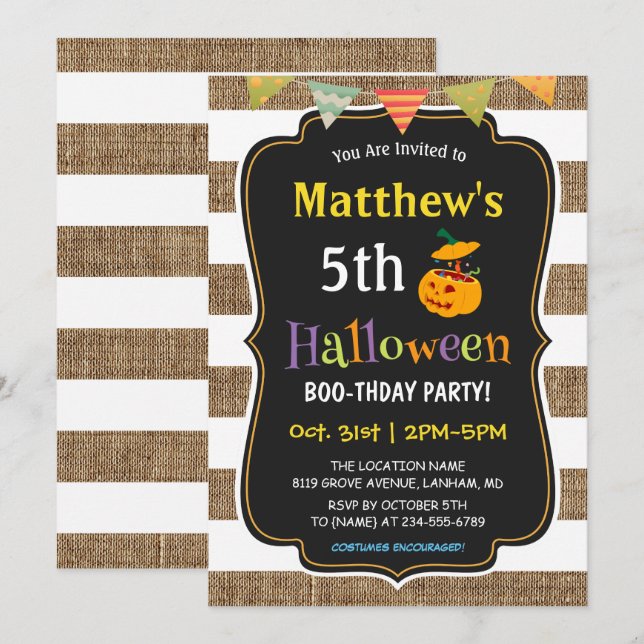 Pumpkin Burlap Halloween Kindergeburtstag Party Einladung (Vorne/Hinten)