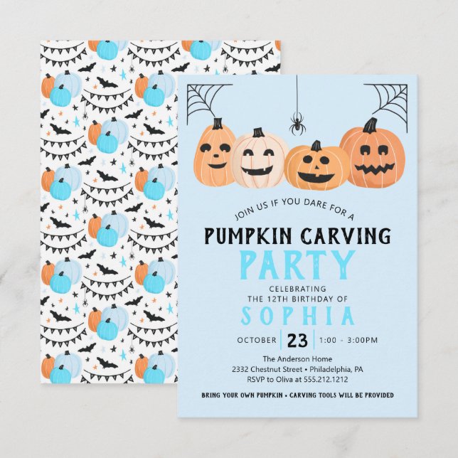 Pumpkin Carving Geburtstagsparty Halloween Einladung (Vorne/Hinten)