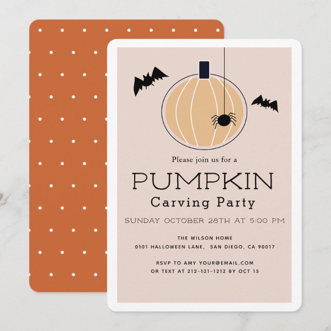 Pumpkin Carving Party Modernes Beige Halloween Einladung (Vorne/Hinten)