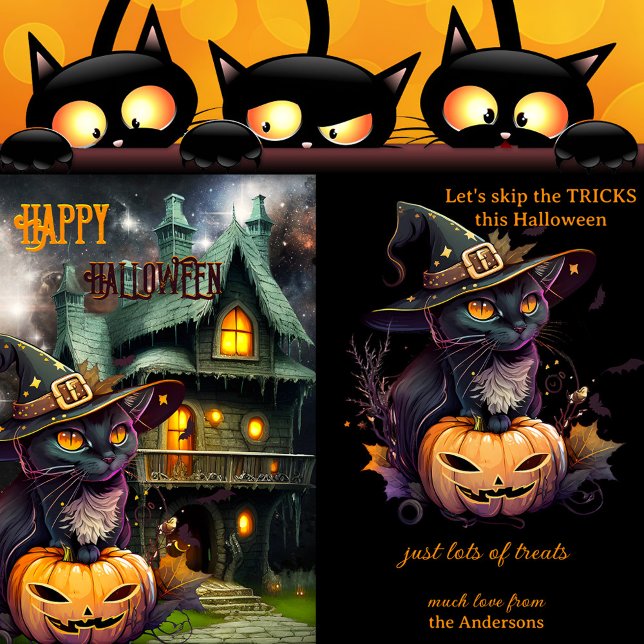 Pumpkin Cat Fantasy Halloween Weihnachtskarte Feiertagskarte (Halloween card featuring a kitty wearing a witch hat, with a pumpkin and haunted house with bats)