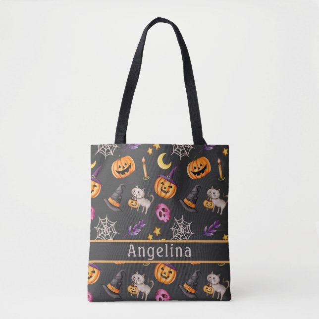 Pumpkin Cat Web Hat Dark Gray Tote Bag Tasche (Vorderseite)