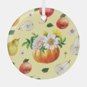 Pumpkin, Chrysanthemum: Herbstfruchtillustrierung. Ornament Aus Glas