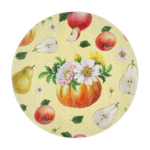Pumpkin, Chrysanthemum: Herbstfruchtillustrierung. Schneidebrett
