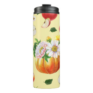 Pumpkin, Chrysanthemum: Herbstfruchtillustrierung. Thermosbecher