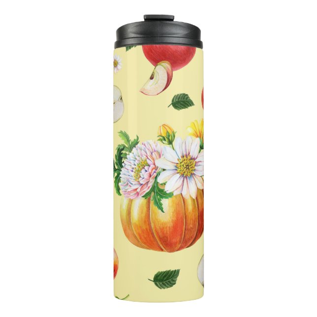Pumpkin, Chrysanthemum: Herbstfruchtillustrierung. Thermosbecher (Vorderseite)