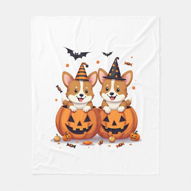 Pumpkin Corgi Party Fleecedecke (Vorderseite)
