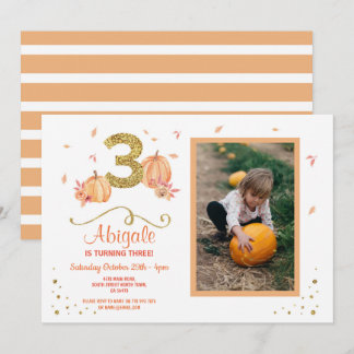 Pumpkin DREI Geburtstag 3. Herbst Party Foto Einla Einladung