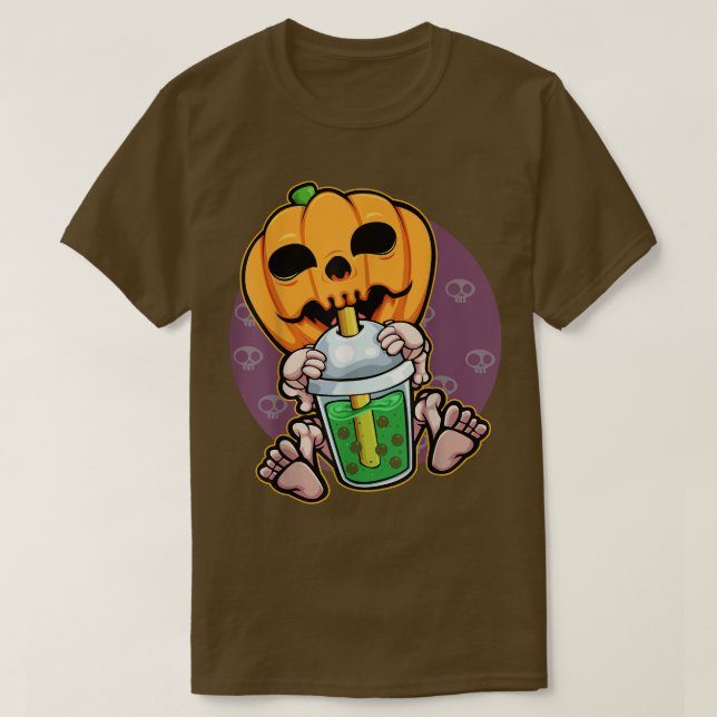 Pumpkin Drinking Boba Lazy Halloween Costume Jack  T-Shirt (Design vorne)
