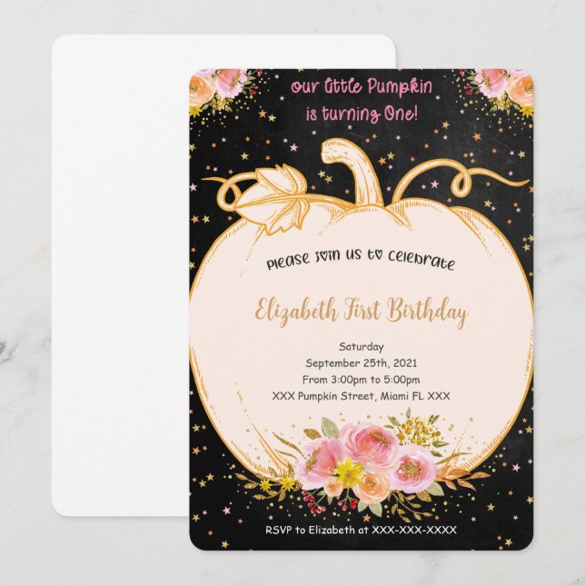 Pumpkin Einladung zum ersten Geburtstag (Vorne/Hinten)