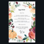 Pumpkin Elegant Fall Floral Wedding Menu Cards<br><div class="desc">Das Design besticht durch einen eleganten Blumenkranz in den Farben Bordeaux, Orange, Elfenbeinweiß, Blütenrosa und mehr über die Pflanzenwelt des Herbstes. Ein wunderschöner Kürbis im Herbst ist Teil des Templates mit Chrysanthemen, Dahlien, Rose und mehr . Das Design zeichnet sich auch durch moderne Typografie aus, die ganz unten durch ein...</div>