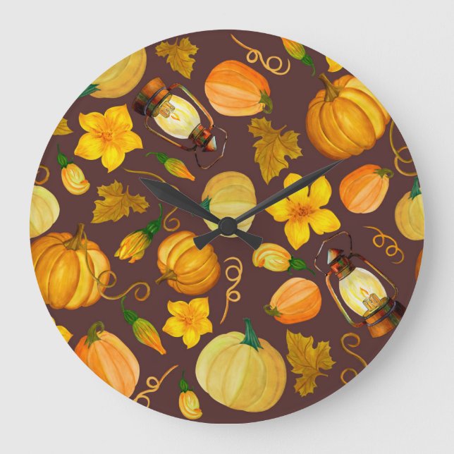Pumpkin Ernte Autumn Watercolor Muster Große Wanduhr (Vorderseite)