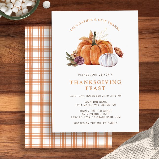 Pumpkin-Erntedank Einladung (Rustic fall pumpkin Thanksgiving dinner party invite, watercolor autumn florals by Painted Paper)