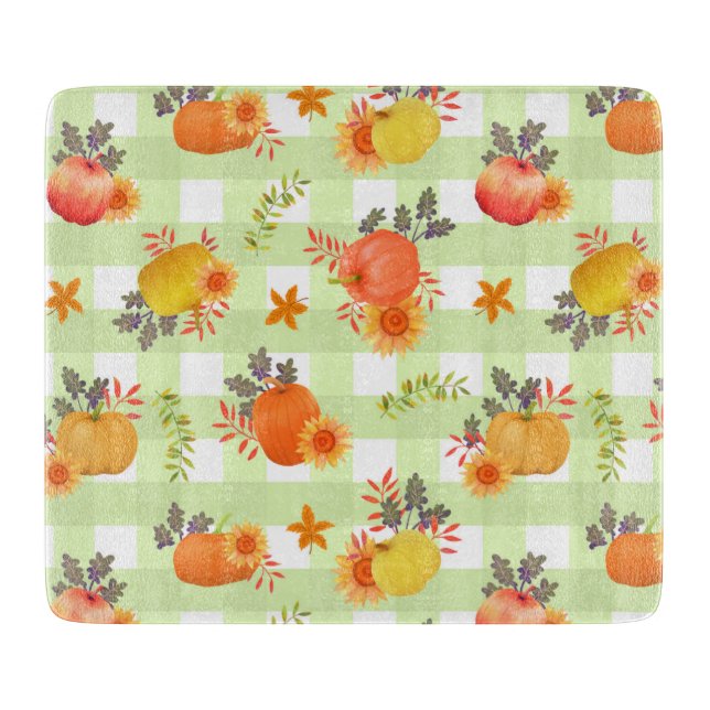 Pumpkin Erntedank Gingham Green Schneidebrett (Vorderseite)