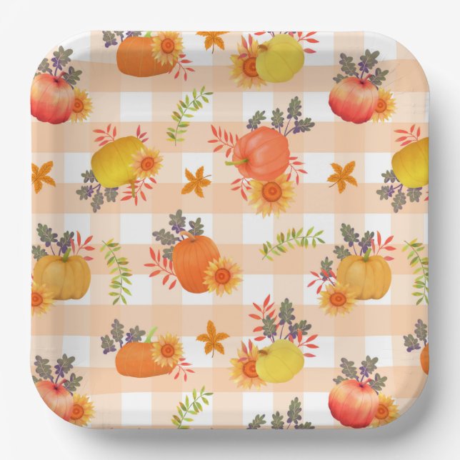 Pumpkin Erntedank Gingham Peach Pappteller (Vorderseite)