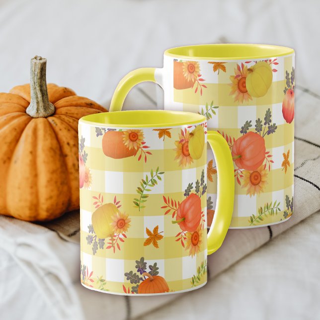 Pumpkin Erntedank Gingham Yellow Tasse (Autumn Pumpkins and Sunflowers with Plaid Design. )
