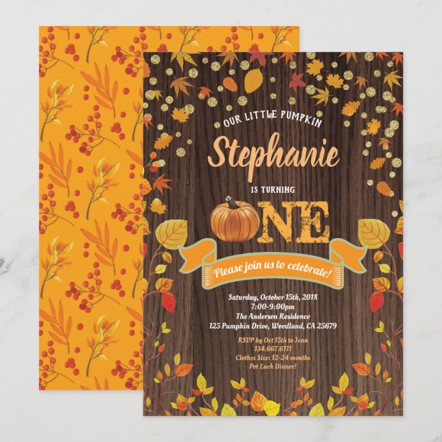 Pumpkin erste Einladung zum Geburtstag. Rustikales (Vorne/Hinten)