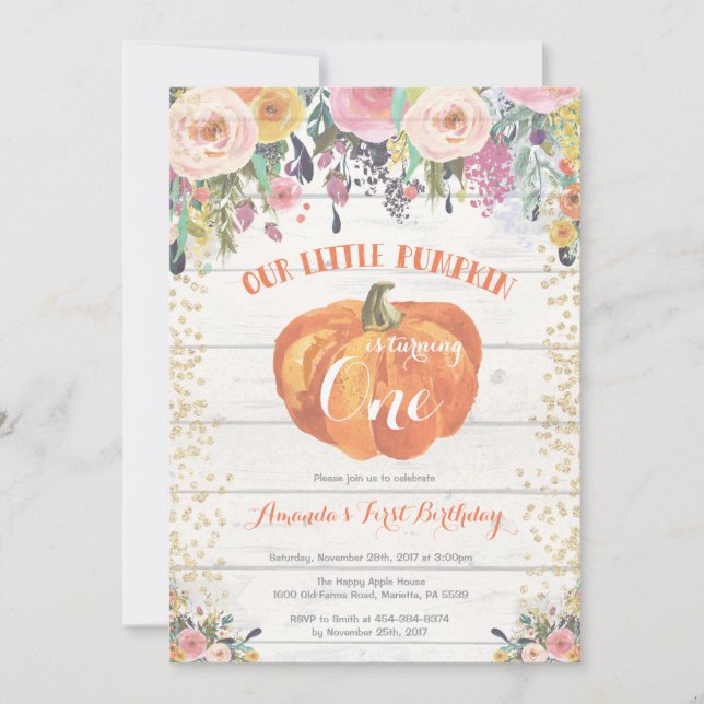 Pumpkin erste Geburtstagseinladung Floral Gold Einladung (Vorderseite)