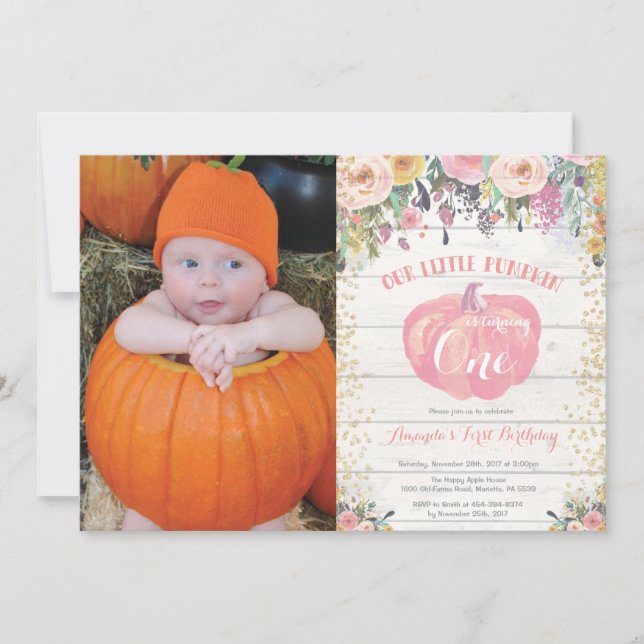 Pumpkin erste Geburtstagseinladung Floral Gold Einladung (Vorderseite)