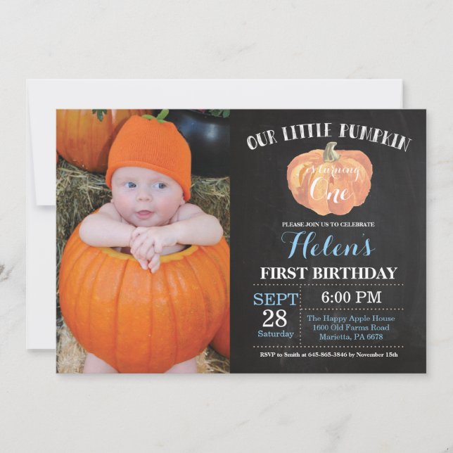 Pumpkin Erster Geburtstag Einladung Blue Chalkboar (Vorderseite)