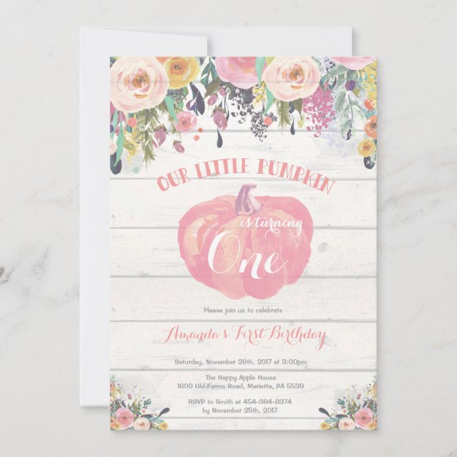 Pumpkin Erster Geburtstag Einladung Floral Rustika (Vorderseite)