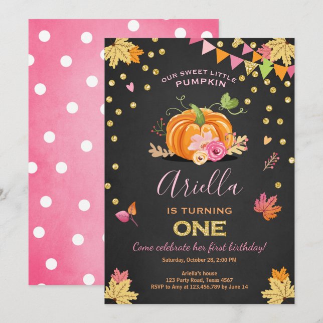 Pumpkin Erster Geburtstag Einladung Herbst Pink (Vorne/Hinten)