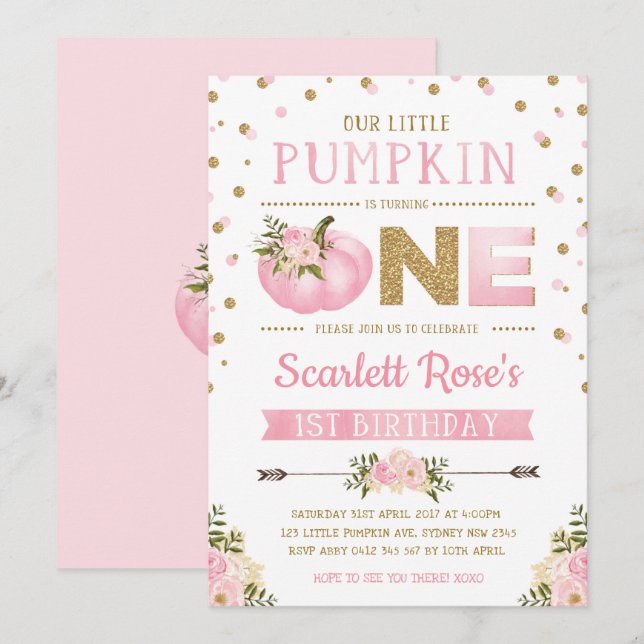 Pumpkin Erster Geburtstag Einladung Pink & Gold (Vorne/Hinten)