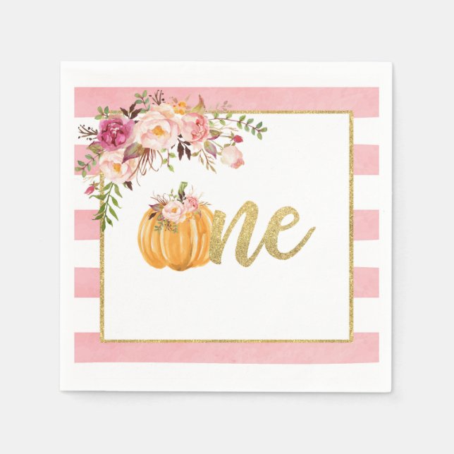 Pumpkin Erster Geburtstag Napkin - Blumenrosa Stre Serviette (Vorderseite)