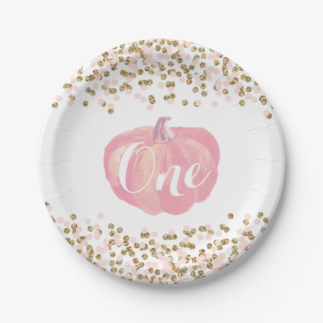 Pumpkin Erstgeburtsch Pink und Gold Paper Teller (Vorderseite)