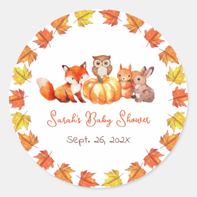 Pumpkin Fall Baby Dusche Autumn Leaves & Animals Runder Aufkleber (Vorderseite)
