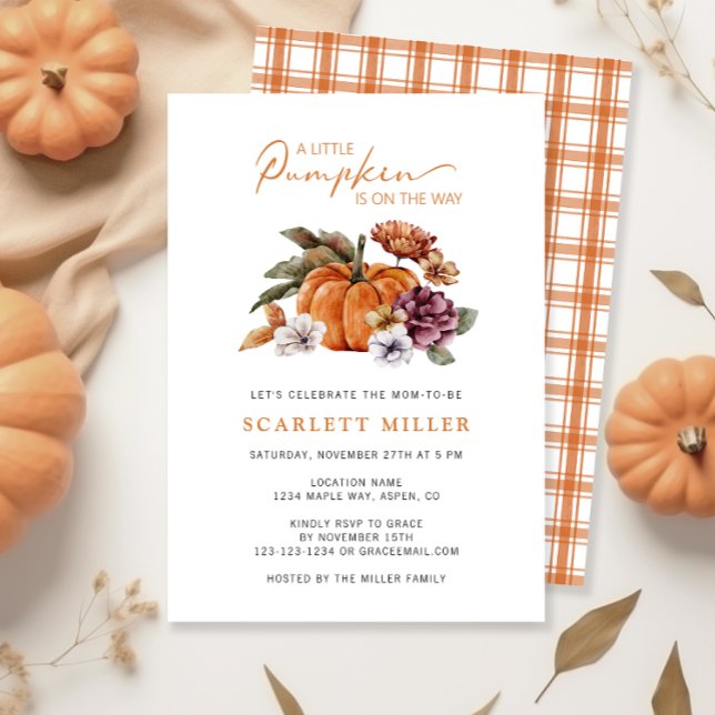 Pumpkin Fall Baby Dusche Einladung (A Little Pumpkin Is On The Way Baby Shower Invitation Fall Autumn Watercolor Floral)
