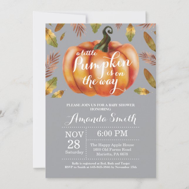 Pumpkin Fall Baby Dusche Einladung Grau (Vorderseite)