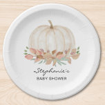 Pumpkin Fall Baby Dusche Pappteller<br><div class="desc">Diese niedliche Herbstpapiertafel mit Babydusche ist mit einem weißen Kürbis in Aquarellfarbe und weichem pastellfarbenem Blattwerk versehen. Ideal für eine geschlechtsneutrale Babydusche. Einfach anpassbar. Weil wir unsere Kunstwerke erstellen, werden Sie dieses exakte Bild von anderen Designern nicht finden. Original Wasserfarbe © Michele Davies.</div>