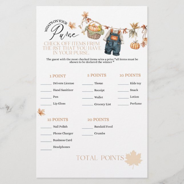 Pumpkin Fall Baby Dusche Was auf Purse Game (Vorderseite)