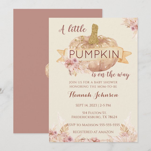 Pumpkin Fall Baby Shower Boho Floral Baby Girl Einladung (Vorne/Hinten)