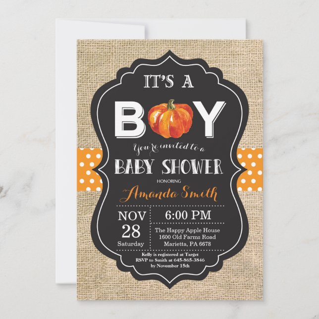 Pumpkin Fall Baby Shower Einladungskarte Burlap (Vorderseite)