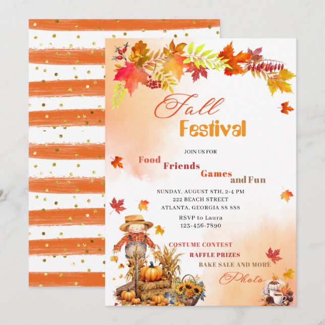 Pumpkin Fall Festival Watercolor Einladung (Vorne/Hinten)