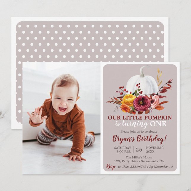 Pumpkin Fall First Birthday Einladung Fotografie (Vorne/Hinten)