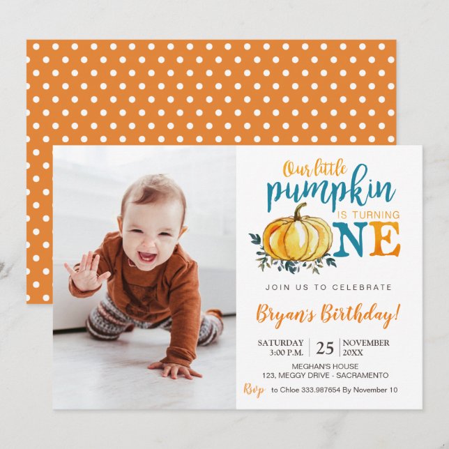 Pumpkin Fall First Birthday Einladung Fotografie (Vorne/Hinten)