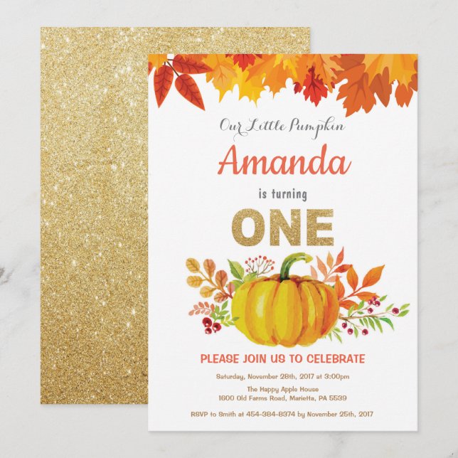 Pumpkin Fall First Birthday Gold Glitzer Einladung (Vorne/Hinten)
