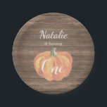 Pumpkin Fall First Birthday Party Paper Teller<br><div class="desc">Pumpkin Fall erste Geburtstagsparty Papier Teller. Rustikaler Holzhintergrund.</div>